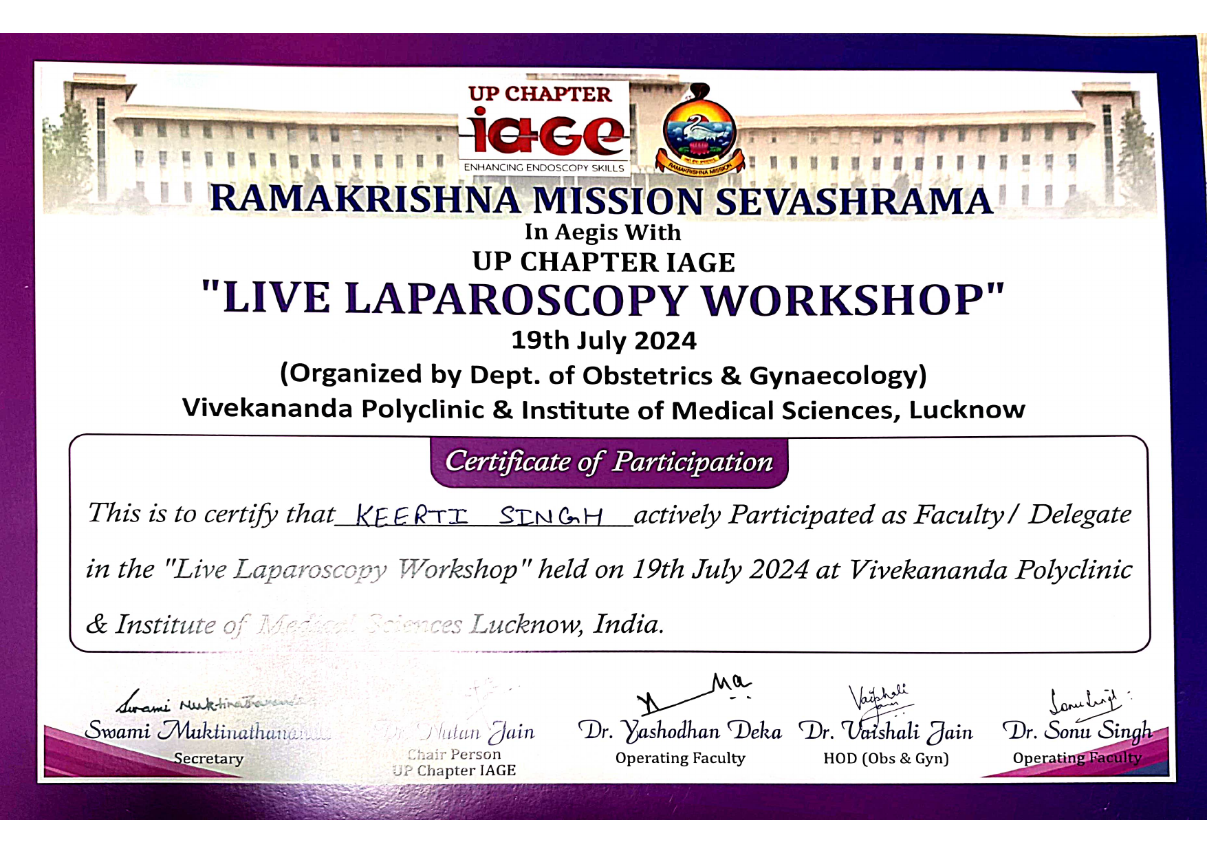 Live Laparoscopy Workshop Certificate