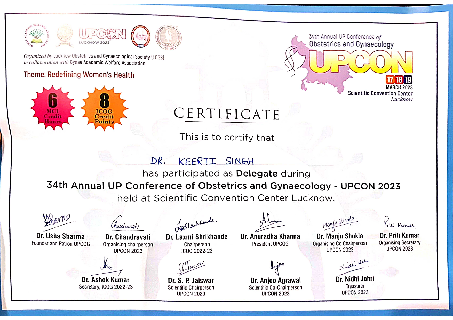 UPCON 2023 Conference Certificate