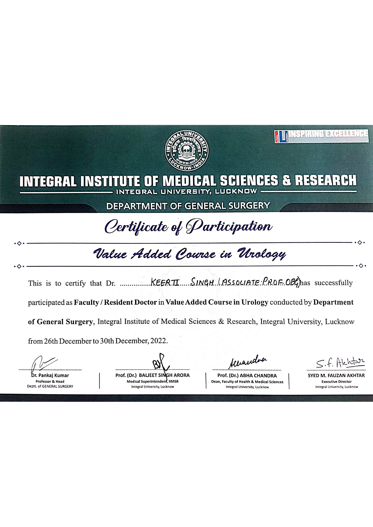 Urology Value Added Course Certificate